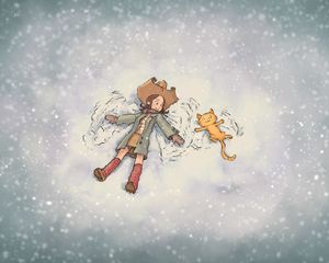 Preview wallpaper girl, cat, snow, play, friendship