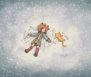Preview wallpaper girl, cat, snow, play, friendship