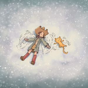 Preview wallpaper girl, cat, snow, play, friendship