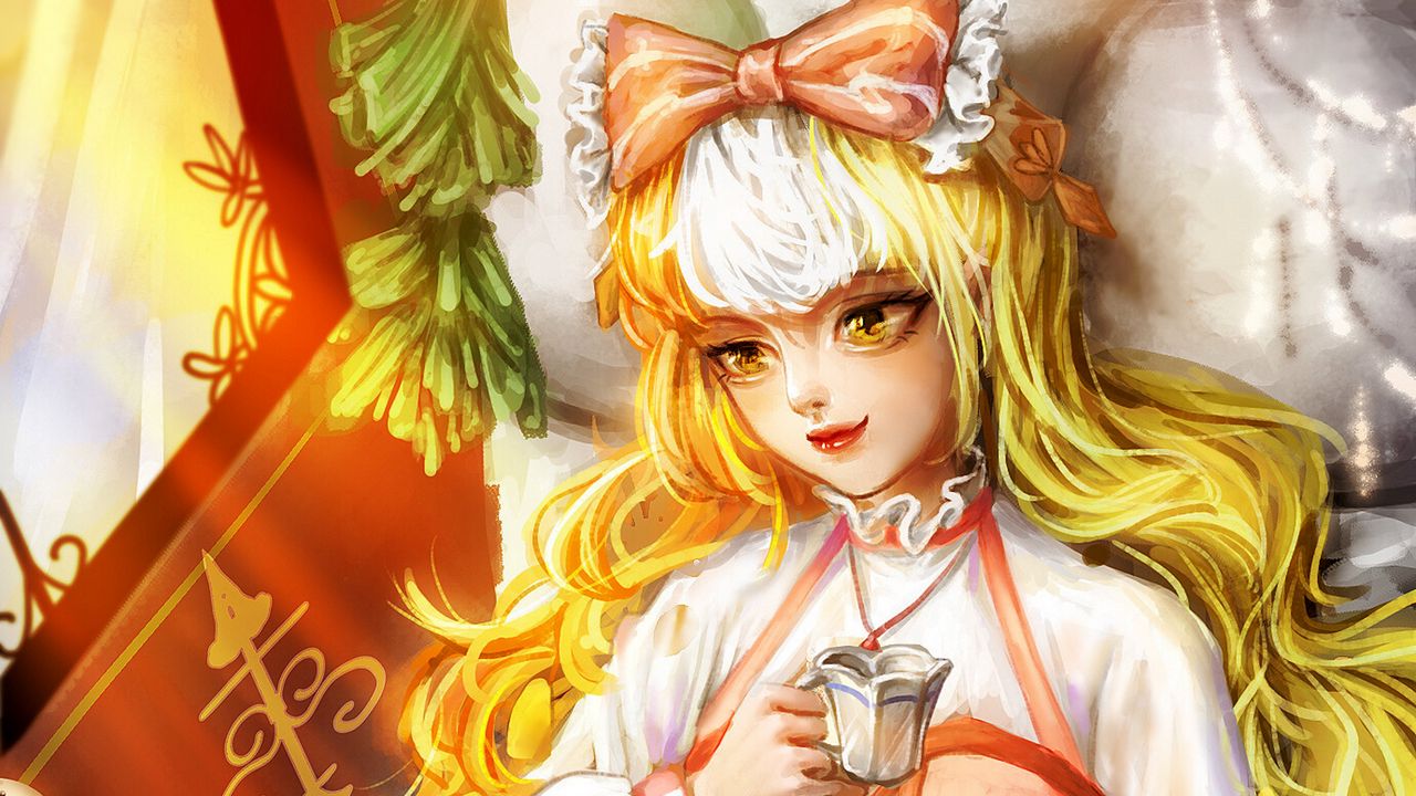 Wallpaper girl, cat, tea party, anime, art