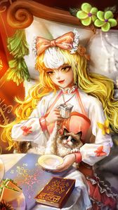 Preview wallpaper girl, cat, tea party, anime, art