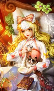 Preview wallpaper girl, cat, tea party, anime, art