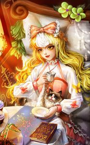 Preview wallpaper girl, cat, tea party, anime, art