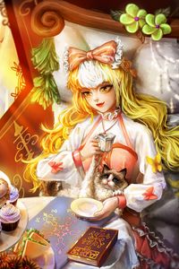 Preview wallpaper girl, cat, tea party, anime, art