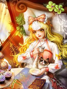 Preview wallpaper girl, cat, tea party, anime, art