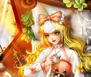 Preview wallpaper girl, cat, tea party, anime, art