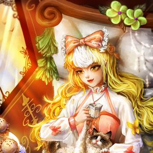 Preview wallpaper girl, cat, tea party, anime, art