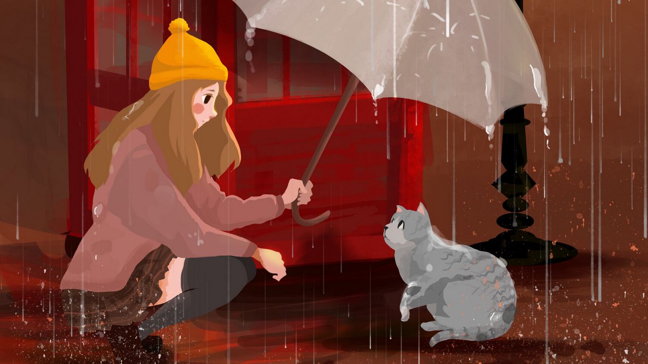 Wallpaper girl, cat, umbrella, rain, art