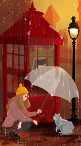 Preview wallpaper girl, cat, umbrella, rain, art