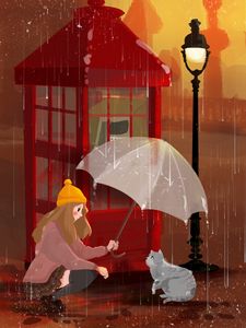 Preview wallpaper girl, cat, umbrella, rain, art