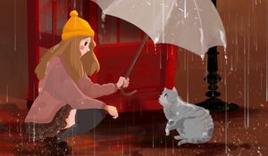 Preview wallpaper girl, cat, umbrella, rain, art