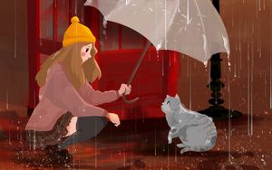 Preview wallpaper girl, cat, umbrella, rain, art