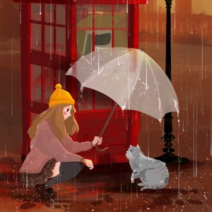 Preview wallpaper girl, cat, umbrella, rain, art