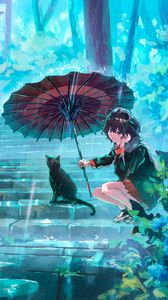 Preview wallpaper girl, cat, umbrella, rain, anime