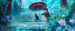 Preview wallpaper girl, cat, umbrella, rain, anime