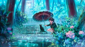 Preview wallpaper girl, cat, umbrella, rain, anime