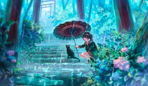 Preview wallpaper girl, cat, umbrella, rain, anime