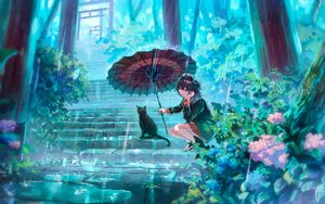 Preview wallpaper girl, cat, umbrella, rain, anime