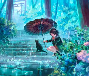 Preview wallpaper girl, cat, umbrella, rain, anime