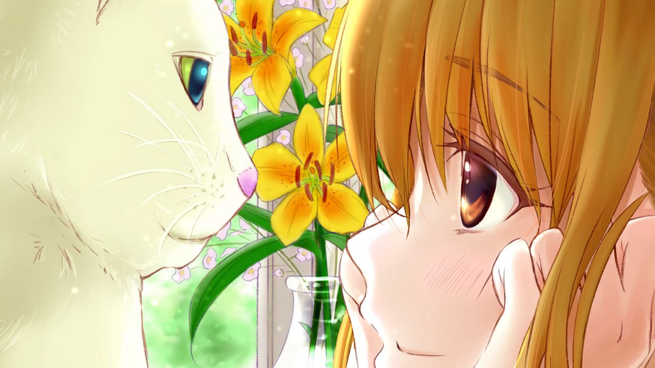Wallpaper girl, cat, vase, flowers, anime