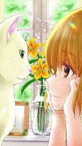 Preview wallpaper girl, cat, vase, flowers, anime