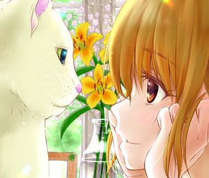 Preview wallpaper girl, cat, vase, flowers, anime