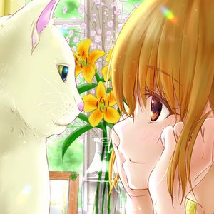 Preview wallpaper girl, cat, vase, flowers, anime