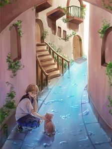 Preview wallpaper girl, cat, water, street, anime