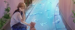 Preview wallpaper girl, cat, water, street, anime