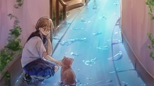 Preview wallpaper girl, cat, water, street, anime