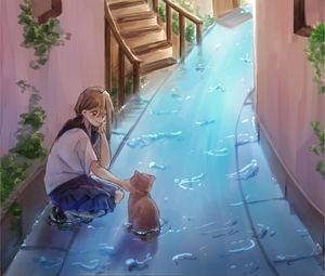 Preview wallpaper girl, cat, water, street, anime