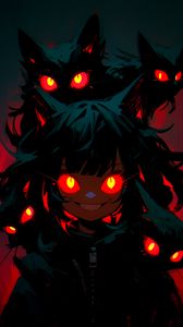 Preview wallpaper girl, cats, eyes, red, anime, art