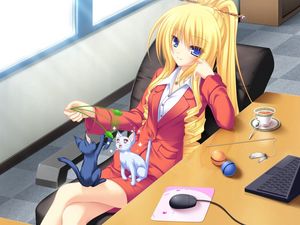 Preview wallpaper girl, chair, cabinet, cat, game, cup, table