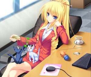 Preview wallpaper girl, chair, cabinet, cat, game, cup, table