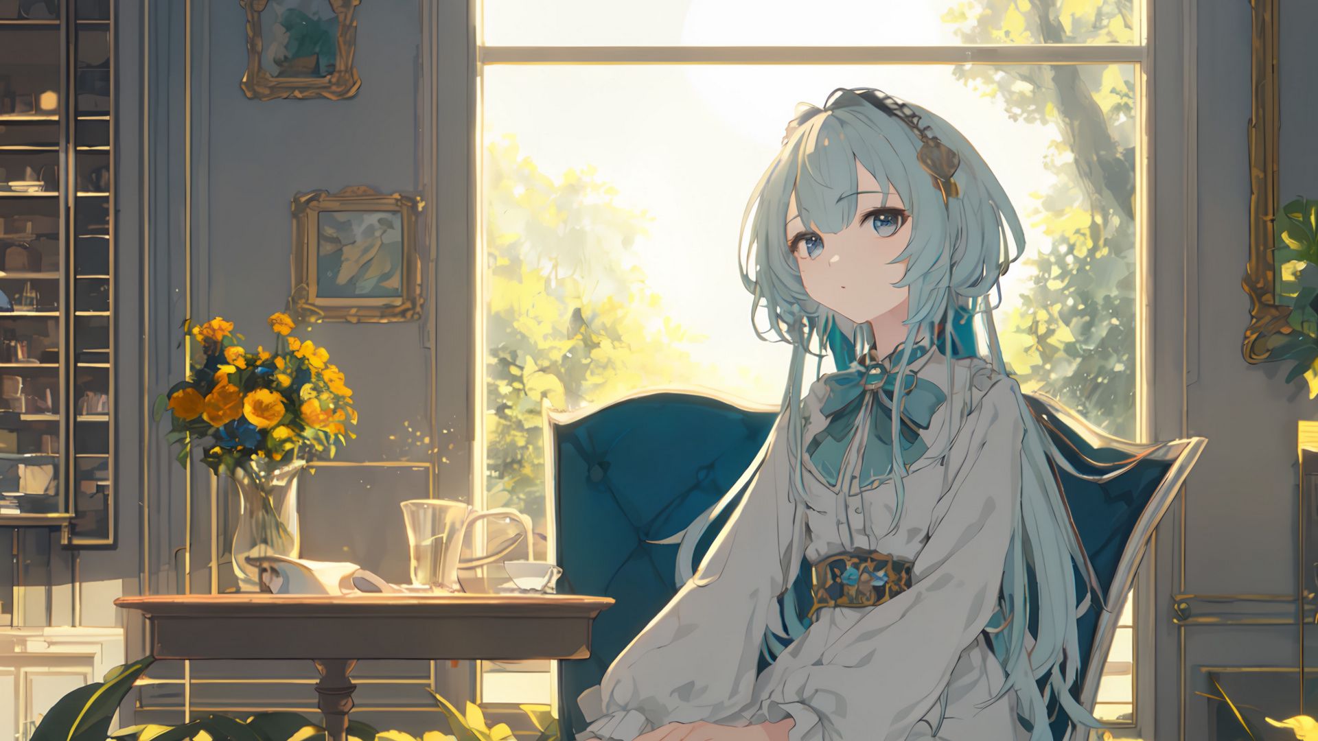 Download wallpaper 1920x1080 girl, chair, window, anime, art full hd ...