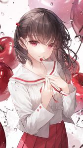 Preview wallpaper girl, cherry, drops, anime, art, cartoon