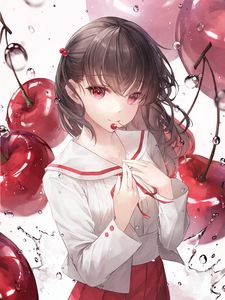 Preview wallpaper girl, cherry, drops, anime, art, cartoon