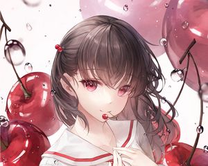Preview wallpaper girl, cherry, drops, anime, art, cartoon