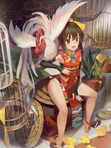 Preview wallpaper girl, chicken, bird, anime, art