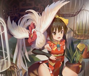 Preview wallpaper girl, chicken, bird, anime, art
