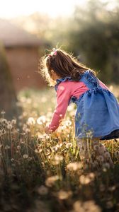 Preview wallpaper girl, child, dandelions, field