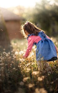 Preview wallpaper girl, child, dandelions, field