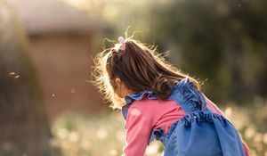 Preview wallpaper girl, child, dandelions, field