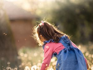 Preview wallpaper girl, child, dandelions, field