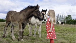 Preview wallpaper girl, child, pony, walk, grass