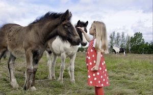 Preview wallpaper girl, child, pony, walk, grass