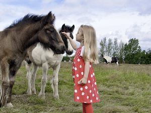 Preview wallpaper girl, child, pony, walk, grass