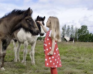 Preview wallpaper girl, child, pony, walk, grass
