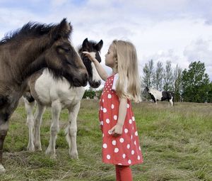 Preview wallpaper girl, child, pony, walk, grass