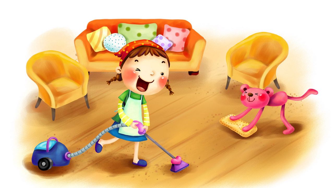 Wallpaper girl, child, vacuum cleaner, cleaning, laundry, dog, furniture, design